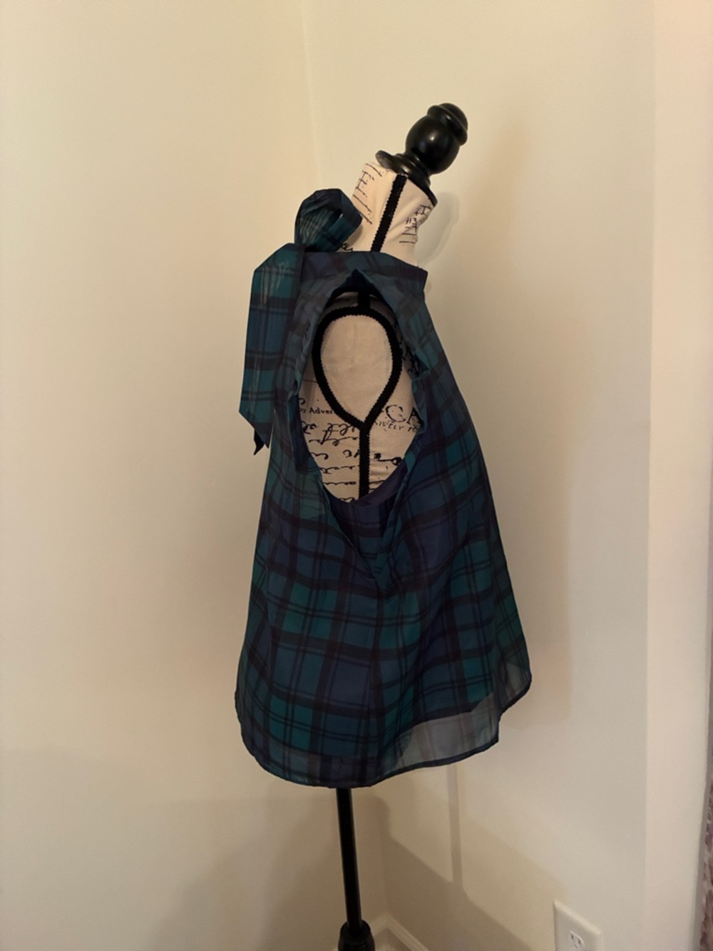 LOFT Sheer Plaid Ruffle Sleeve Top in Navy and Green - Picture 6 of 14